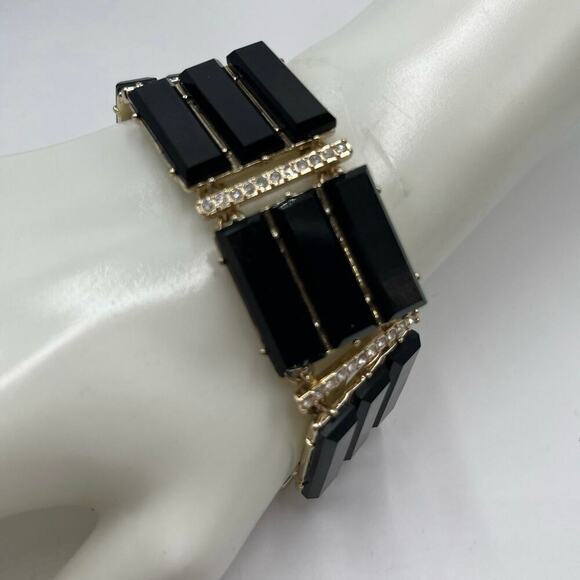 J. CREW Black Triple Row Lucite Rhinestone Brass Statement Bracelet - Picture 1 of 13